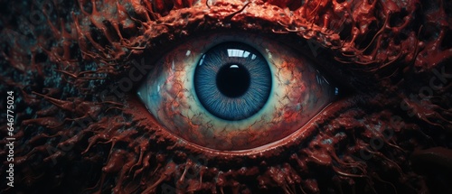Surreal creepy bulging blue eye with bloody veins opening from rotting flesh, scary all seeing beholder, demonic big brother keeping watch, horror stalker - generative AI