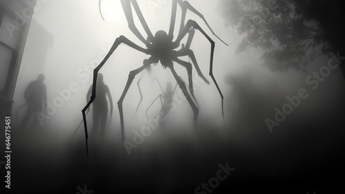 phobia fear horror, silhouette of a huge spider in a foggy forest.