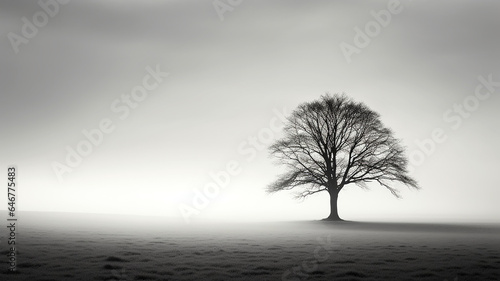 a lonely tree in a field without leaves fog branches.