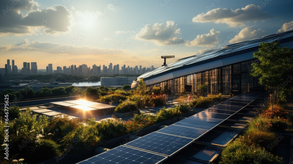 solar panel factory with hot sun, with industrial background - obrazy, fototapety, plakaty 