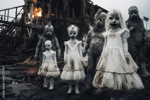 Generative AI Group of Children Dressed as Monsters and Ghostly Girls in White in a Spooky Setting with a Burning Wooden Structure