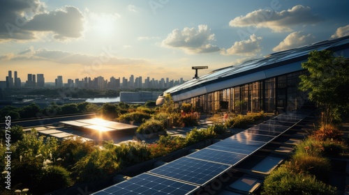 solar panel factory with hot sun, with industrial background photo