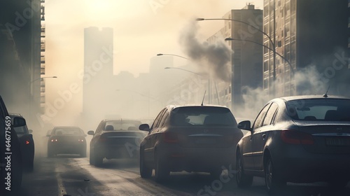 Pollution from car exhaust in the city. Smoke from cars during the day photo