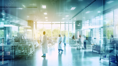 Abstract blurred image of doctor and patient people in hospital interior or clinic corridor for background, laboratory, science experiment, health care and medical technology concept. Generative AI photo