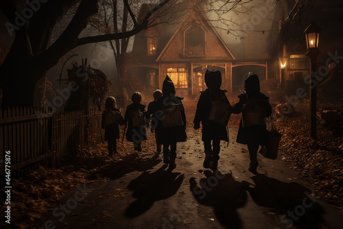Generative AI, Children Approaching Creepy Wooden House - Halloween Trick-or-Treat
