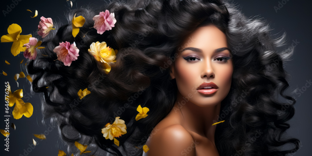 brunette with gorgeous voluminous long dense hair. flowers in hair. hair dye, hairstyle, haircare