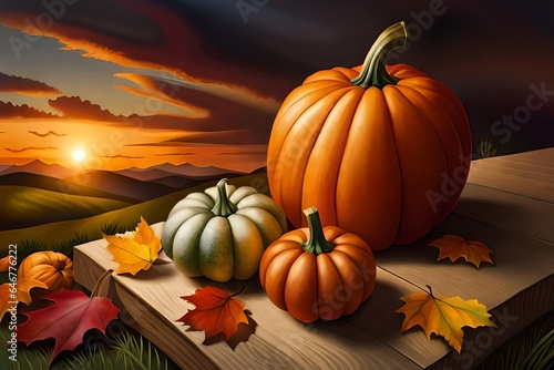 pumpkins and autumn leaves on table
