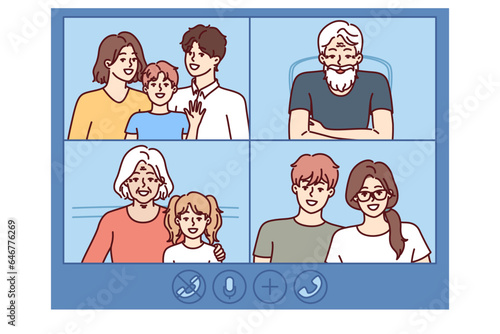 Video call of large family with people of different generations, for communication or congratulations of loved ones on holidays. Application or software interface for internet video call