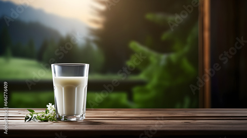 A glass of cow s milk on the background of the mountains