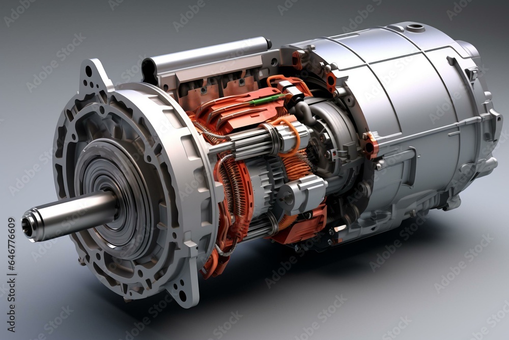 3D visualization of electric vehicle motor with cutaway view on gray background. Generative AI - obrazy, fototapety, plakaty 
