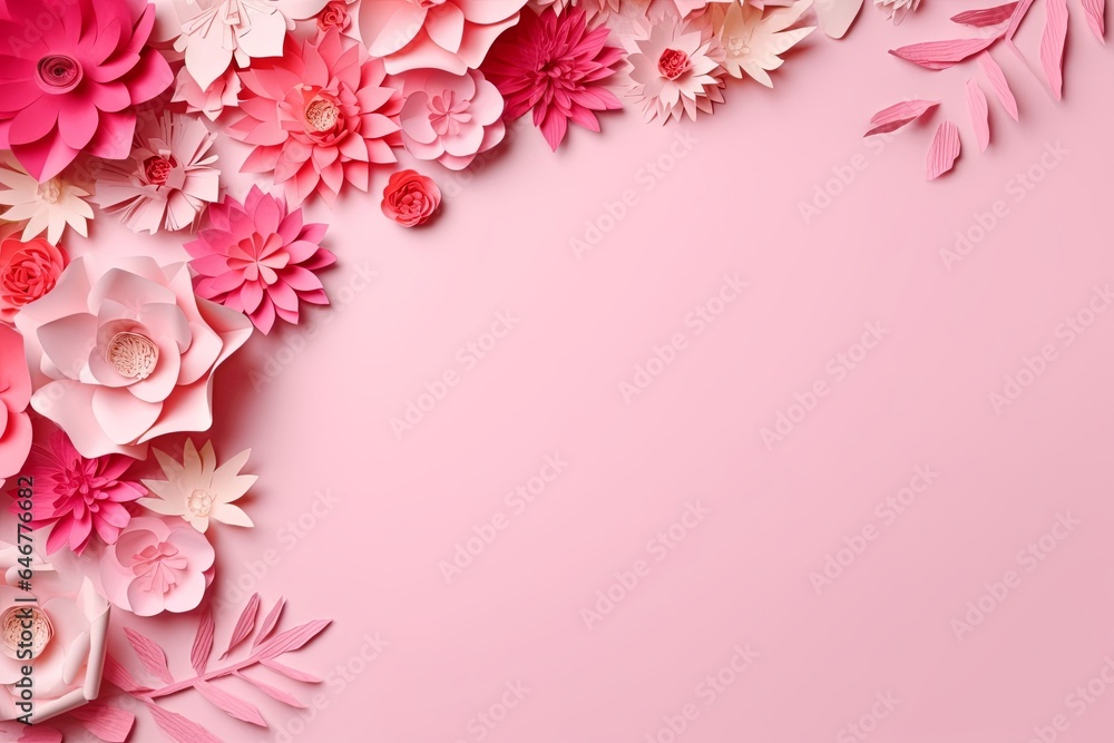 Many flowers made of paper on pink background with copy space. Floral frame layout with text space. Romantic feminine composition. Wedding invitation, Generative AI