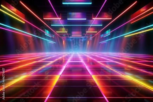 Perspective dance floor with vibrant colors, vibrant lights, and intense emotions in a modern 3D illustration. Generative AI