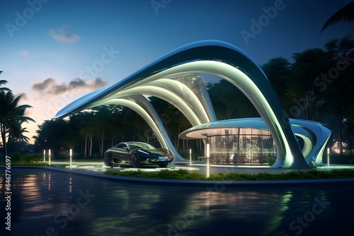 A futuristic hydrogen station, seamlessly blending with the environment, providing clean fuel for a sustainable future. Generative AI