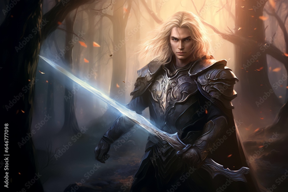 Obraz premium a male blonde Elf fantasy warrior holding a magical greatsword in a mystical forest