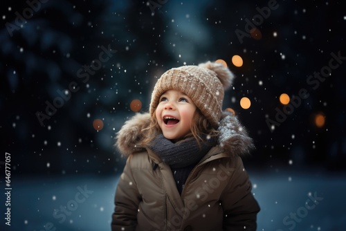 Cute child with happy face wearing a warm hat and warm jacket surrounded with snowflakes. Winter holidays concept.