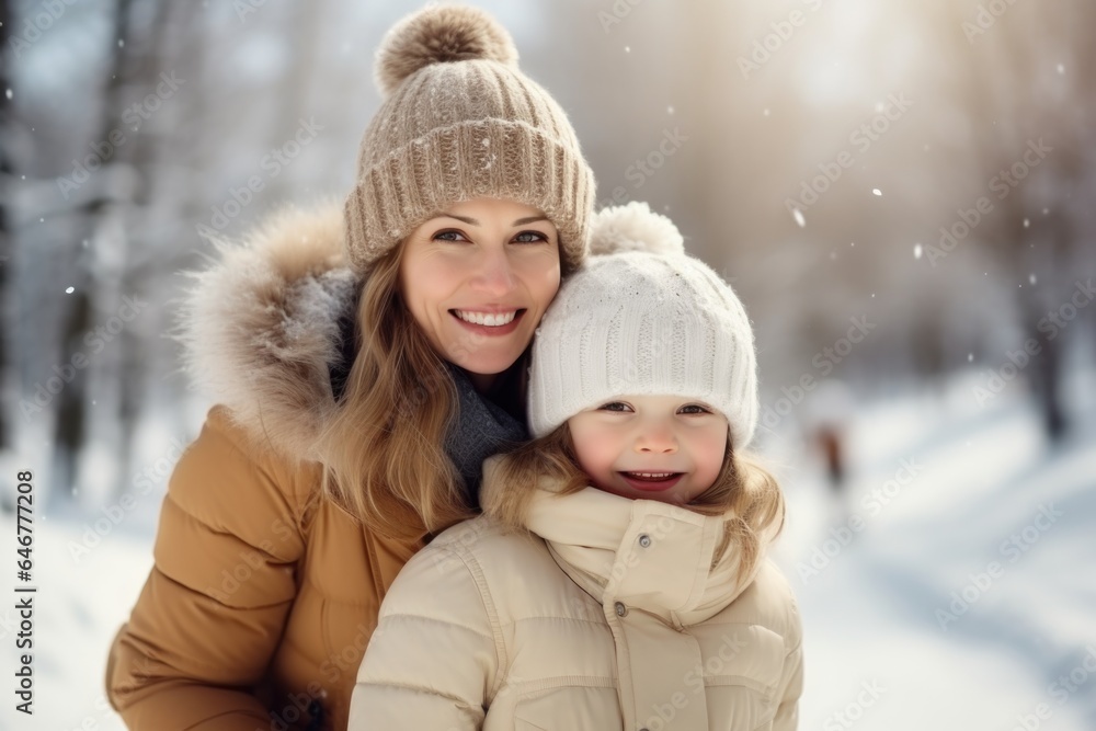 Mother and daughter in winter park wearing a warm hat and warm jacket surrounded with snowflakes. Winter holidays concept.