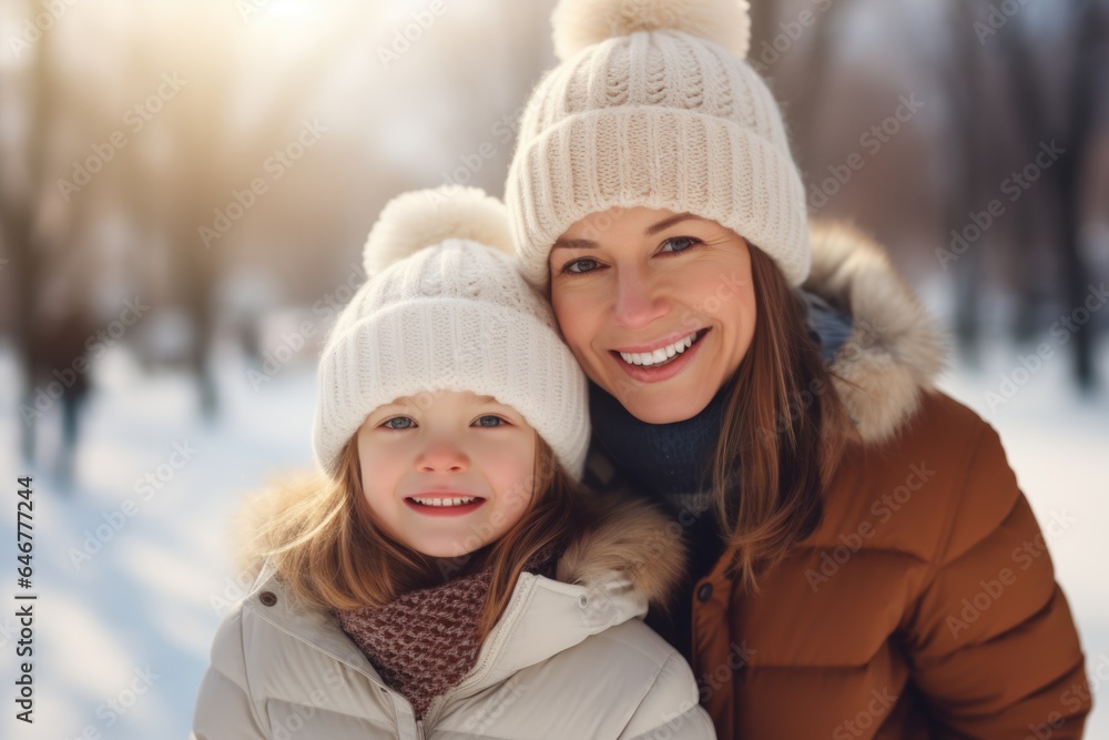 Mother and daughter in winter park wearing a warm hat and warm jacket surrounded with snowflakes. Winter holidays concept. Mother and daughter in winter park wearing a warm hat and warm jacket surrounded with snowflakes. Winter holidays concept.