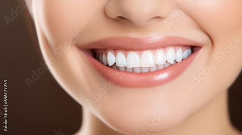 Closeup of smile with white teeth. Dental care  teeth whitening procedure at dentist.