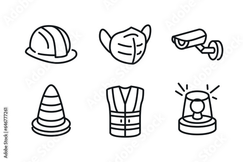 Protection and safety in the workplace, signs set. work area safety, linear icons. Hazard notice and warning. Line with editable stroke

