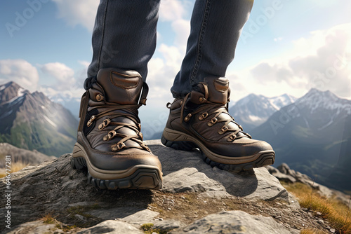  pies de hombre llevando botas de montaña marrones sobre la cima de una montaña, con paisaje montañoso invernal  con nieve de fondo photo