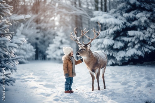Cute little girl and deer on the snow covered landscape, in the style of mysterious backdrops © Maria Tatic
