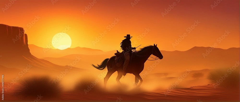 cowboy riding a horse through the desert, sunset, dust, western - obrazy, fototapety, plakaty 