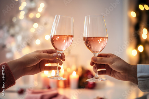 Happy couple toasting with glasses of rose wine celebrating holidays  beautiful Christmas table setting and decoration in the background