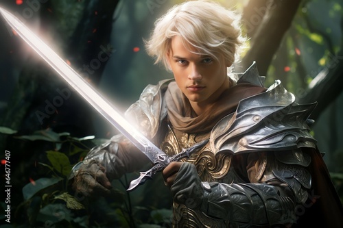 a male blonde Elf fantasy warrior holding a magical greatsword in a mystical forest