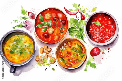 Composition with various soups, ingredients and space for text on white background. Healthy food, high definition soups, slight top view, compilation, white background. AI Generative