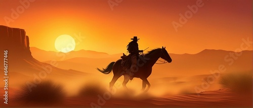 cowboy riding a horse through the desert, sunset, dust, western