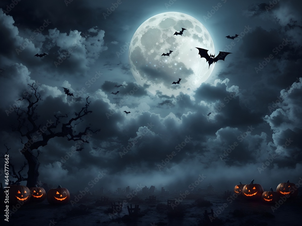 Halloween Background Night Sky Full Moon Bats Clouds. ai generated