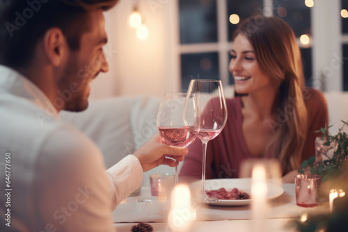 Couple toasting with glasses of rose wine celebrating holidays, beautiful Christmas table setting and decoration in the background