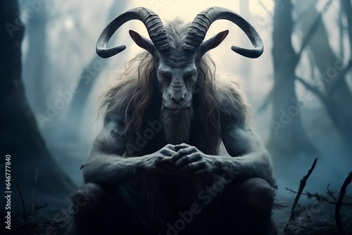 devil evil goat in dark forest photo