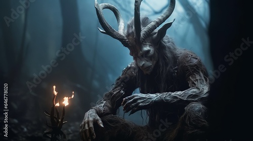 devil evil goat in dark forest photo