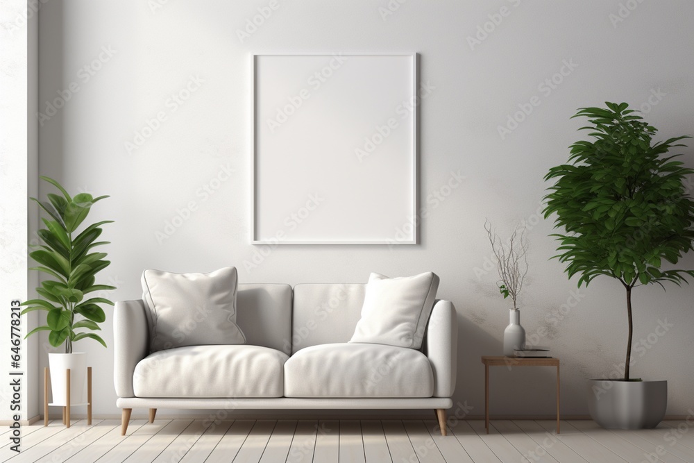 Fototapeta premium Modern Aesthetic Interior Design with Small Blank Poster Created with Generative AI