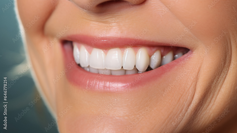 Fototapeta premium Closeup of smile with white teeth. Dental care, teeth whitening procedure at dentist.