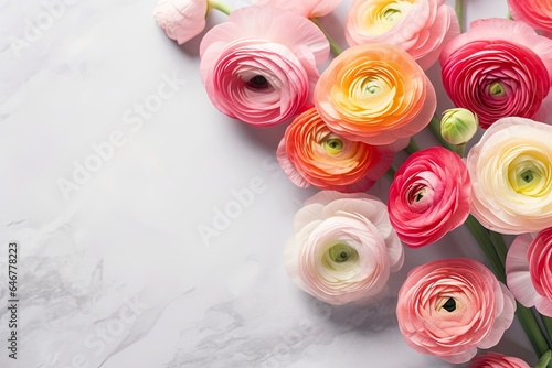 Ranunculus flowers on marble background with copy space. Abstract natural floral frame layout with text space. Romantic feminine composition. International Women day, Mother, Generative AI
