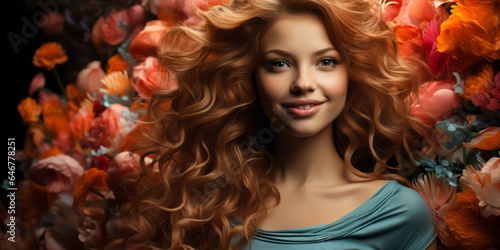 beautiful girl with gorgeous volume dense red hair and flying flowers. hair dye, hairstyle, haircare © zamuruev