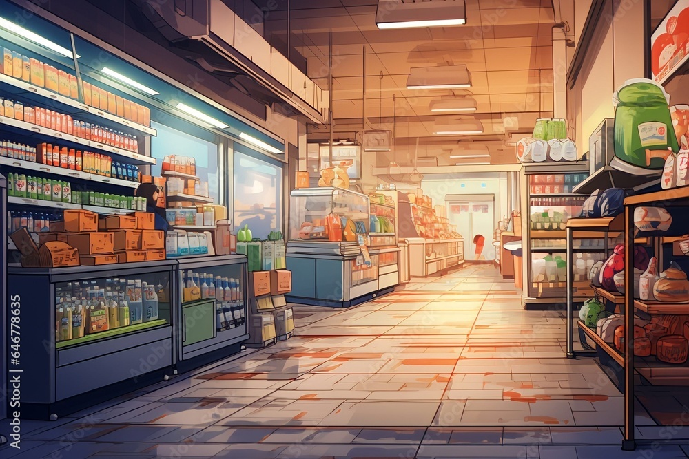 shopping in supermarket, with anime style