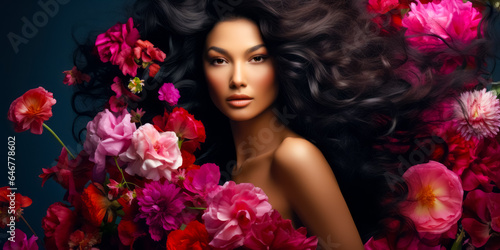brunette with gorgeous voluminous long dense hair surrounded flowers. hair dye, hairstyle, haircare © zamuruev