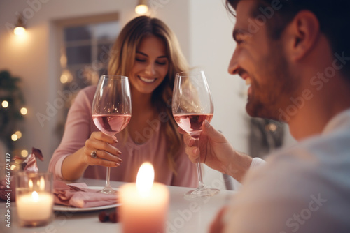 Couple toasting with glasses of rose wine celebrating holidays  beautiful Christmas table setting and decoration in the background