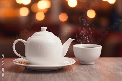 White cup with teapot. Pot standing on saucer in soft focus on naturally blurred background. Coffee, tea house, bokeh lights. The concept of a cozy pastime, tea, Generative AI