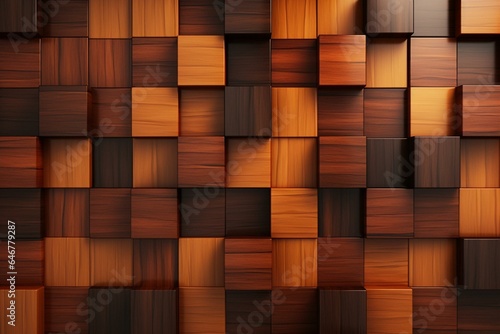 Wall made of glossy tiles resembling wood on a square backdrop. Rendered. Generative AI