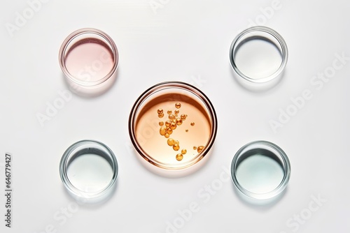 Different laboratory glass petri dish with drop of serum, oil, peeling, beauty product. Natural medicine, cosmetic research, bio science pattern. Concept of skincare, analysis. Generative AI
