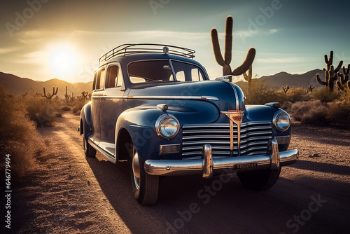 blue vintage classic car in a colorful street retro generative ai  © image multimedia