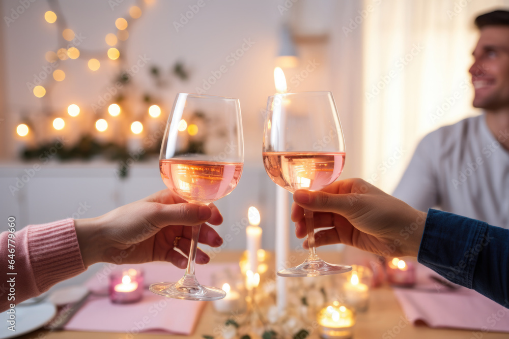 People toasting with glasses of rose wine celebrating holidays, beautiful Christmas table setting and decoration in the background