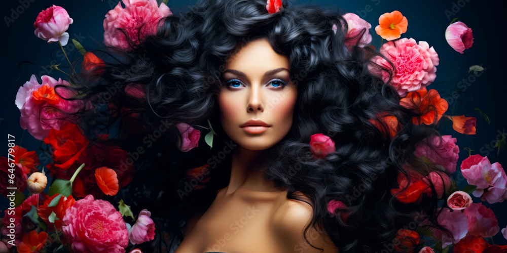 brunette with gorgeous voluminous long dense hair surrounded flowers. hair dye, hairstyle, haircare