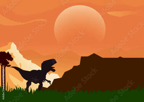 Silhouette vector image Of Dinosaur in the hillside during sunset.