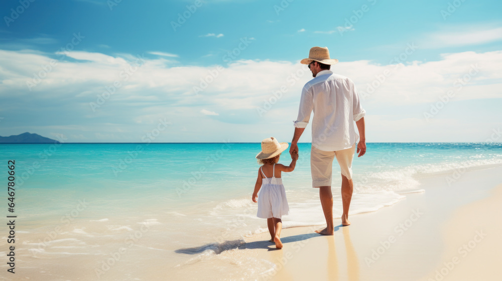 father and daughter walking on tropical beach shore. summer and vacation father and daughter walking on tropical beach shore. summer and vacation