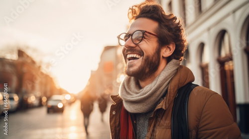 portrait of happy man smiling on street. positive attitude